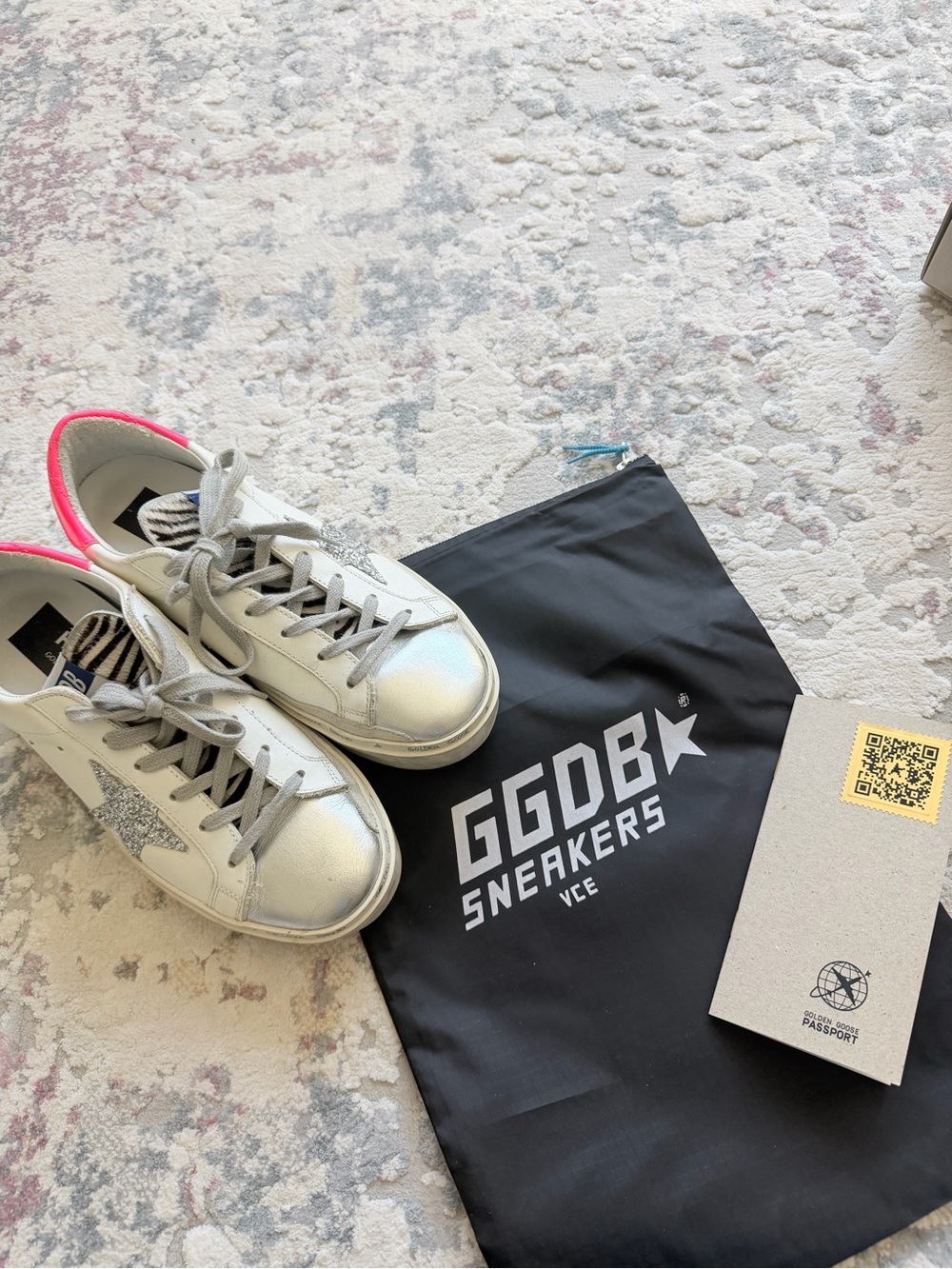 Golden Goose White Leather Sneakers with Silver Toe and Pink Heel